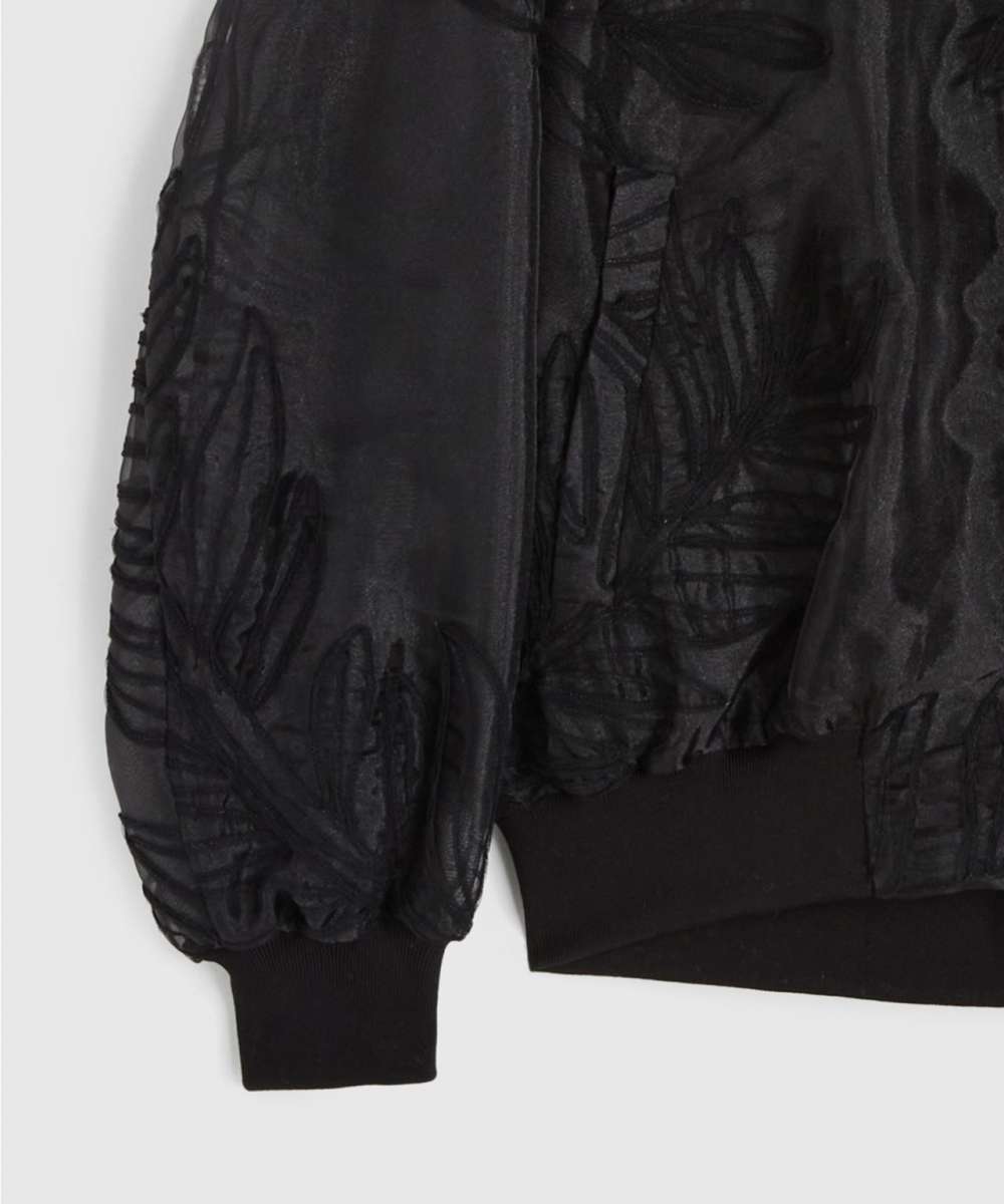 ROCHAS Schwarze Bomberjacke aus Organza mit Alloverstickerei