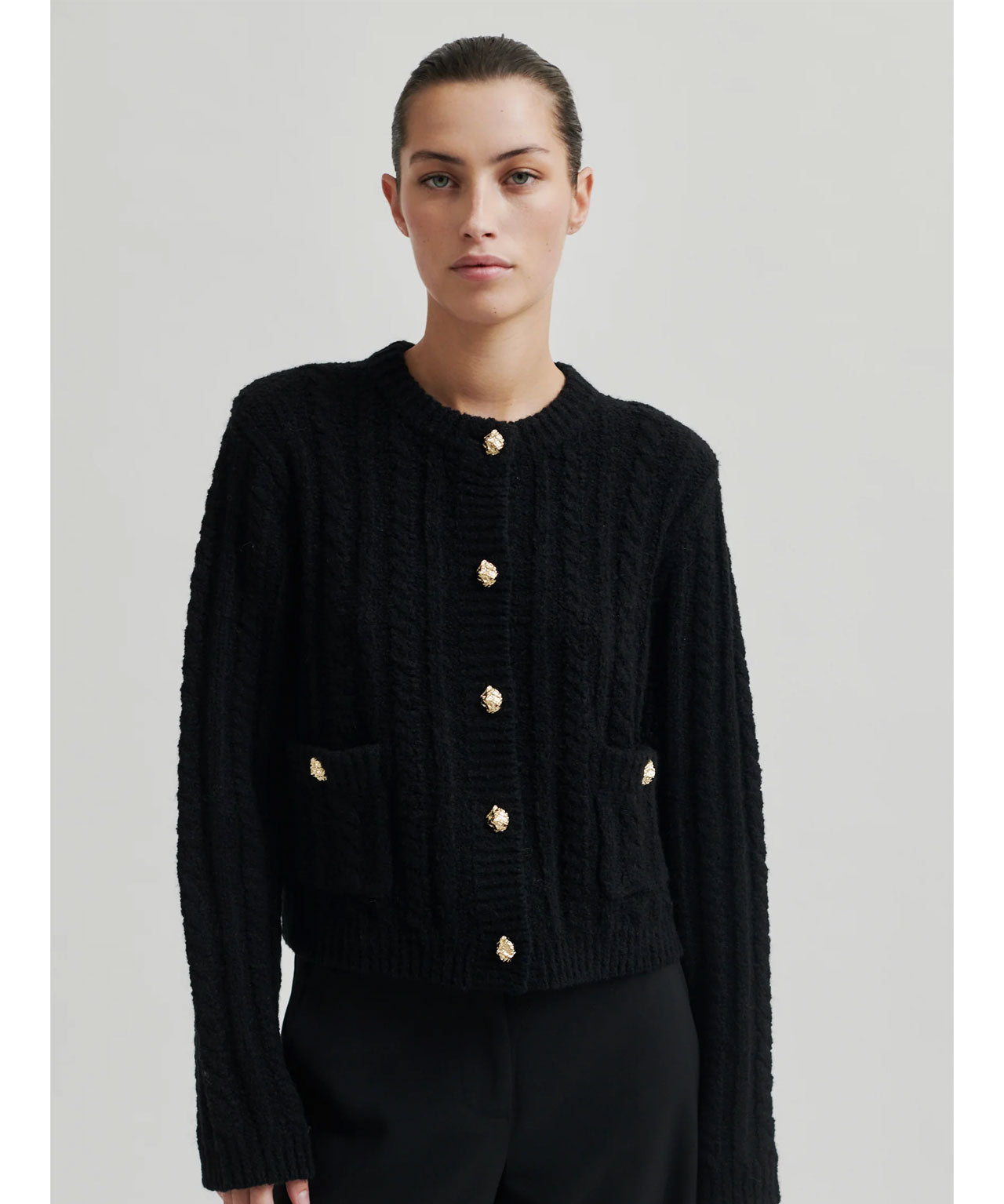 SECOND FEMALE Schwarzer Cardigan mit Rippstruktur