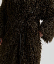 Dunkelbrauner Teddymantel mit Bindegürtel