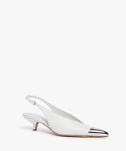 SPORTMAX Weiße Kittenheels mit silberner Spitze