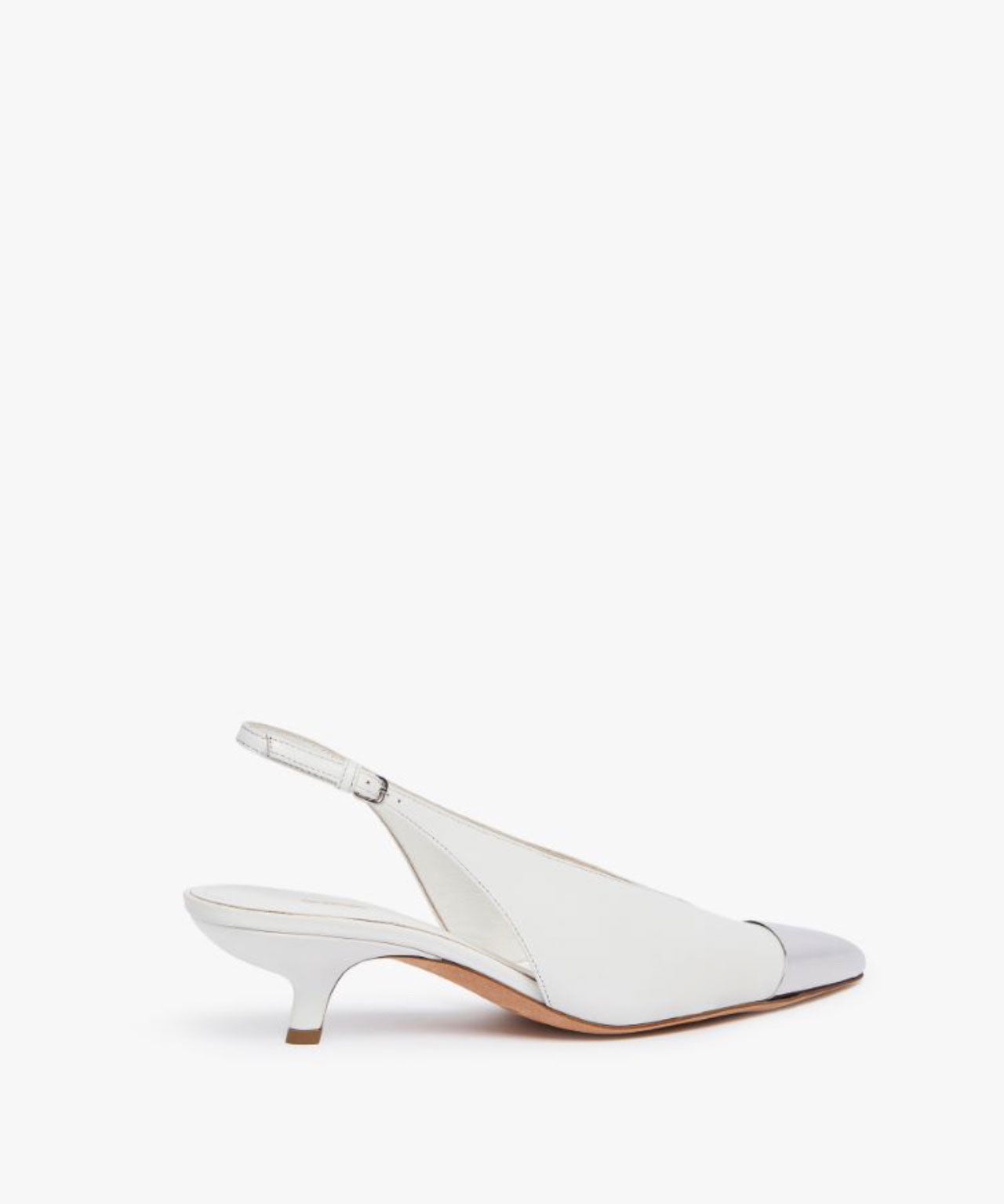 SPORTMAX Weiße Kittenheels mit silberner Spitze