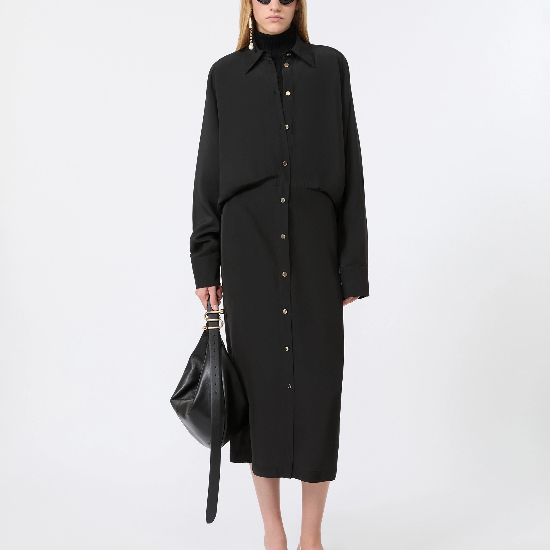 Sportmax Schwarzes Hemdblusenkleid mit Taillenbetonung – Ansicht 1