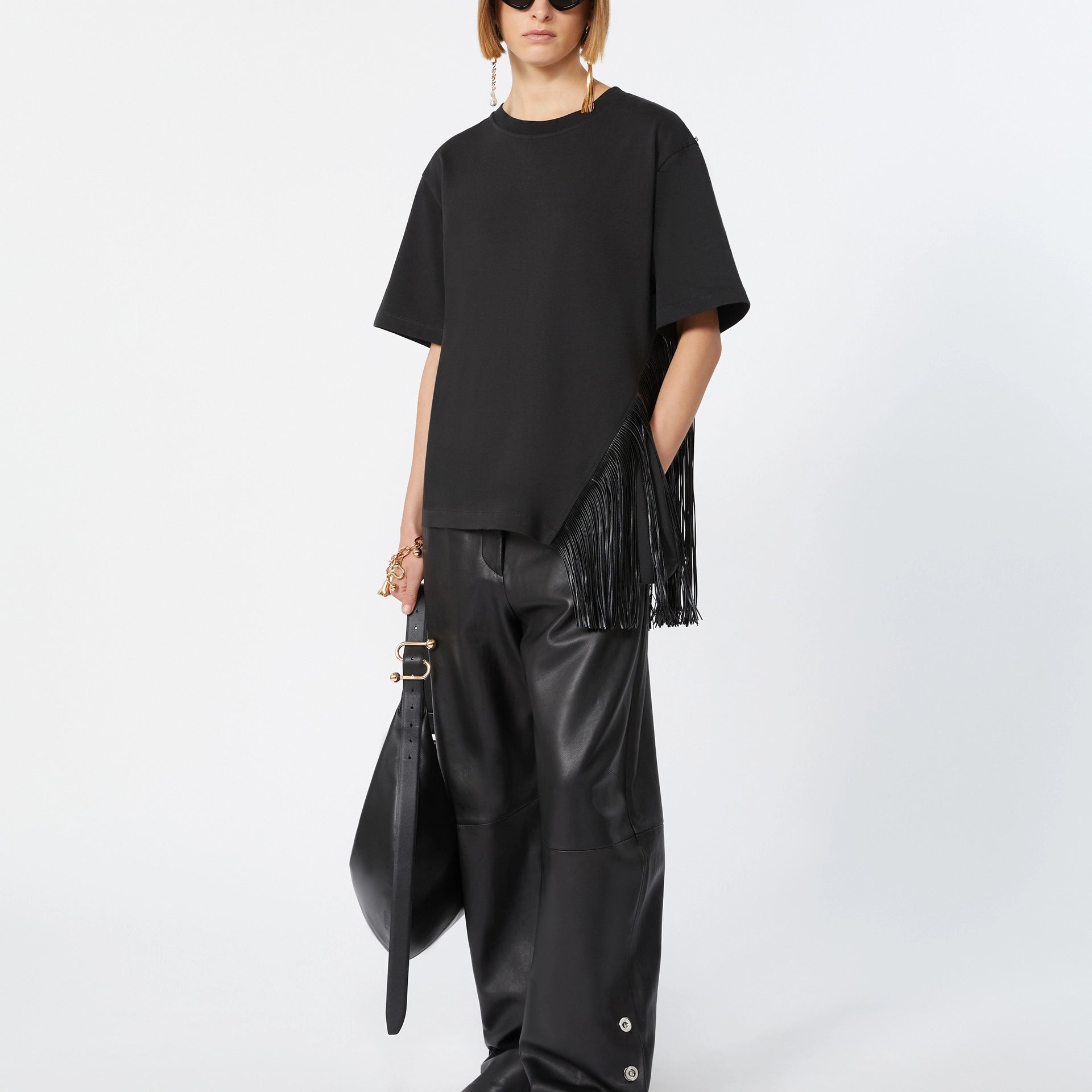 Sportmax Schwarzes T-Shirt mit asymmetrischen Fransen – Ansicht 1