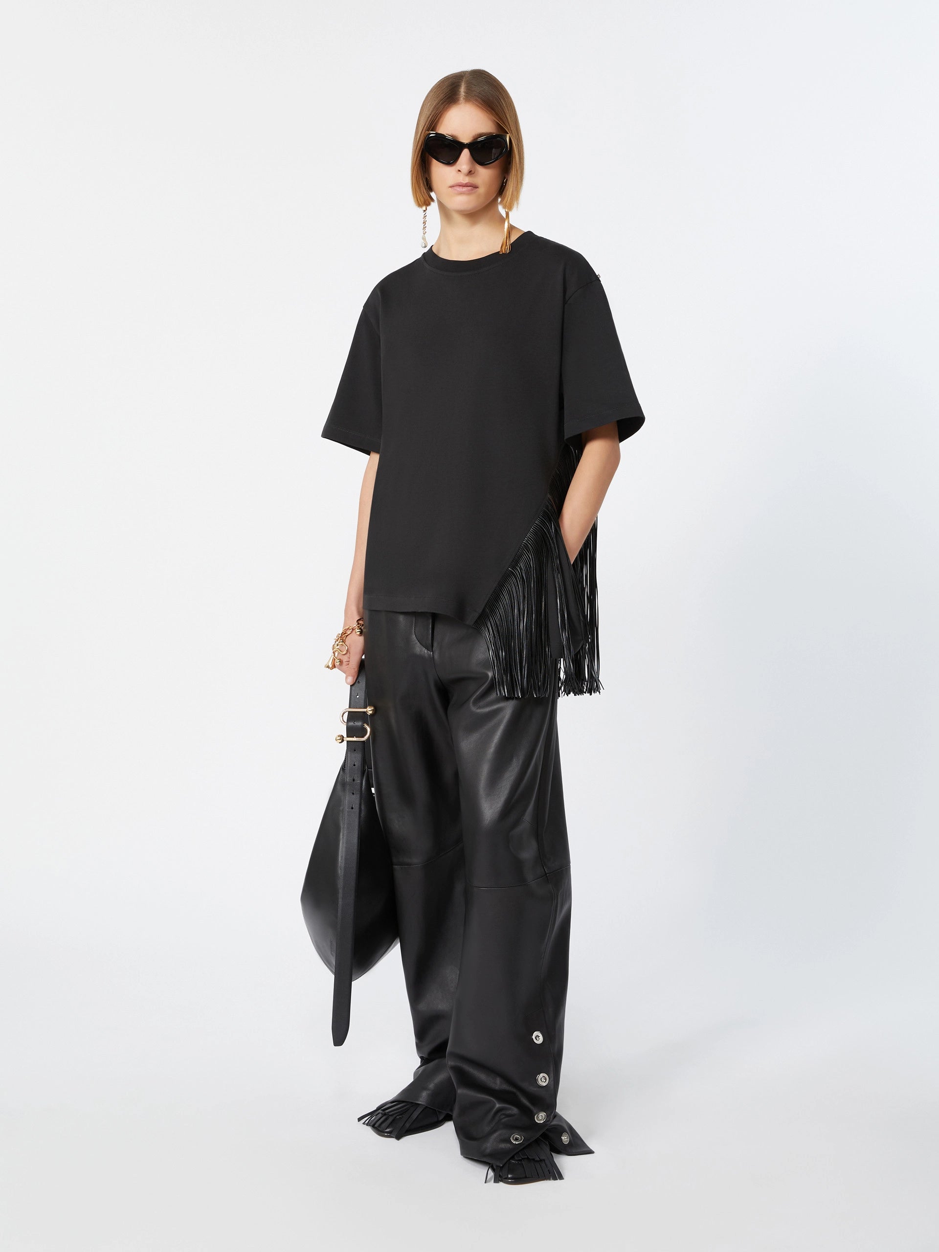 Sportmax Schwarzes T-Shirt mit asymmetrischen Fransen – Ansicht 1