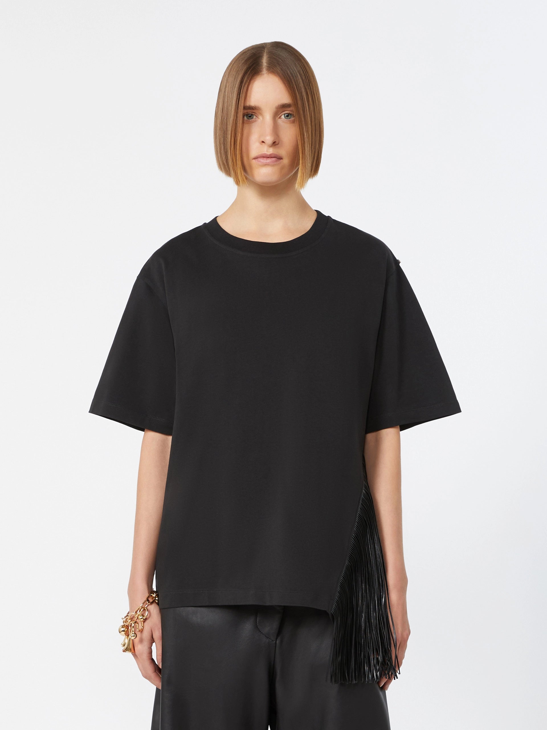 Sportmax Schwarzes T-Shirt mit asymmetrischen Fransen – Ansicht 2
