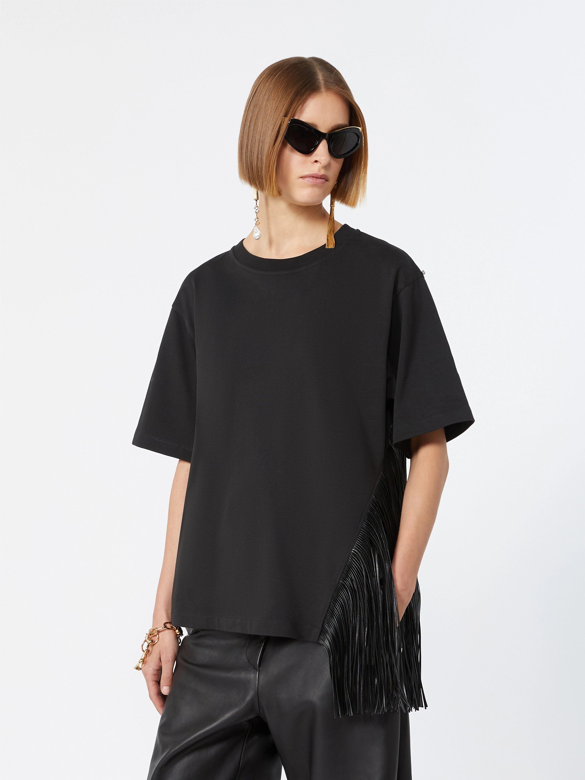 Sportmax Schwarzes T-Shirt mit asymmetrischen Fransen – Ansicht 4