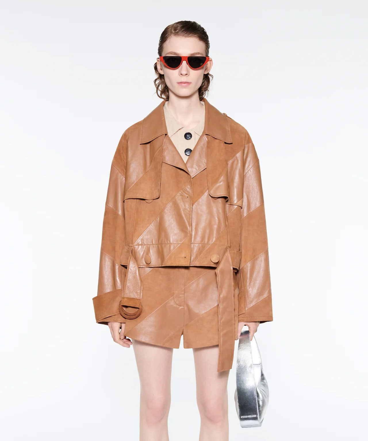 STAND STUDIO Lederjacke mit Trenchcoatdetails