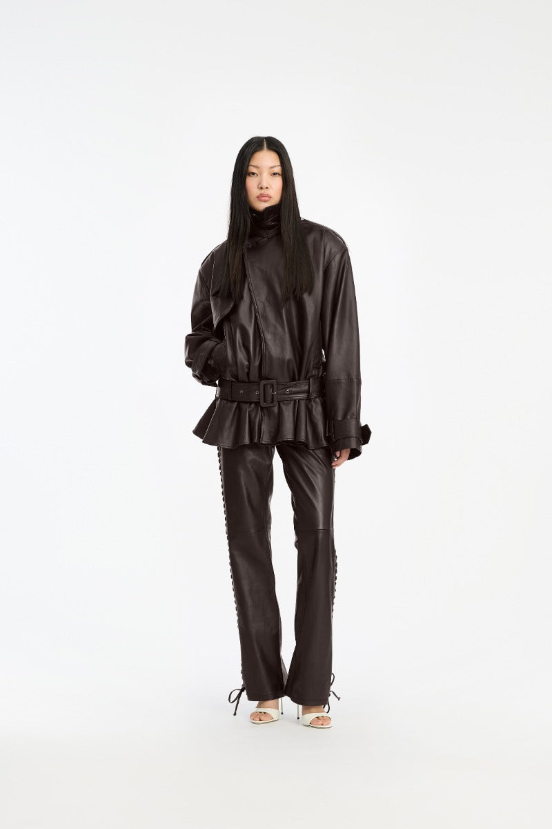 ROTATE Dunkelbraune Bikerjacke aus Leder