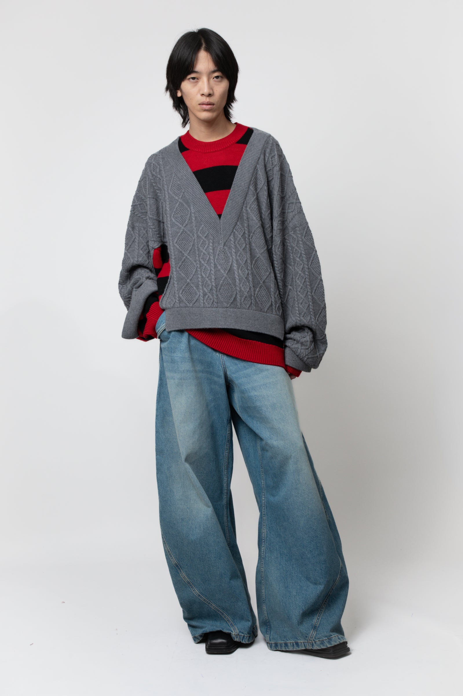 EGONLAB Layered Pullover Grau/Rot-Schwarz gestreift – Ansicht 1