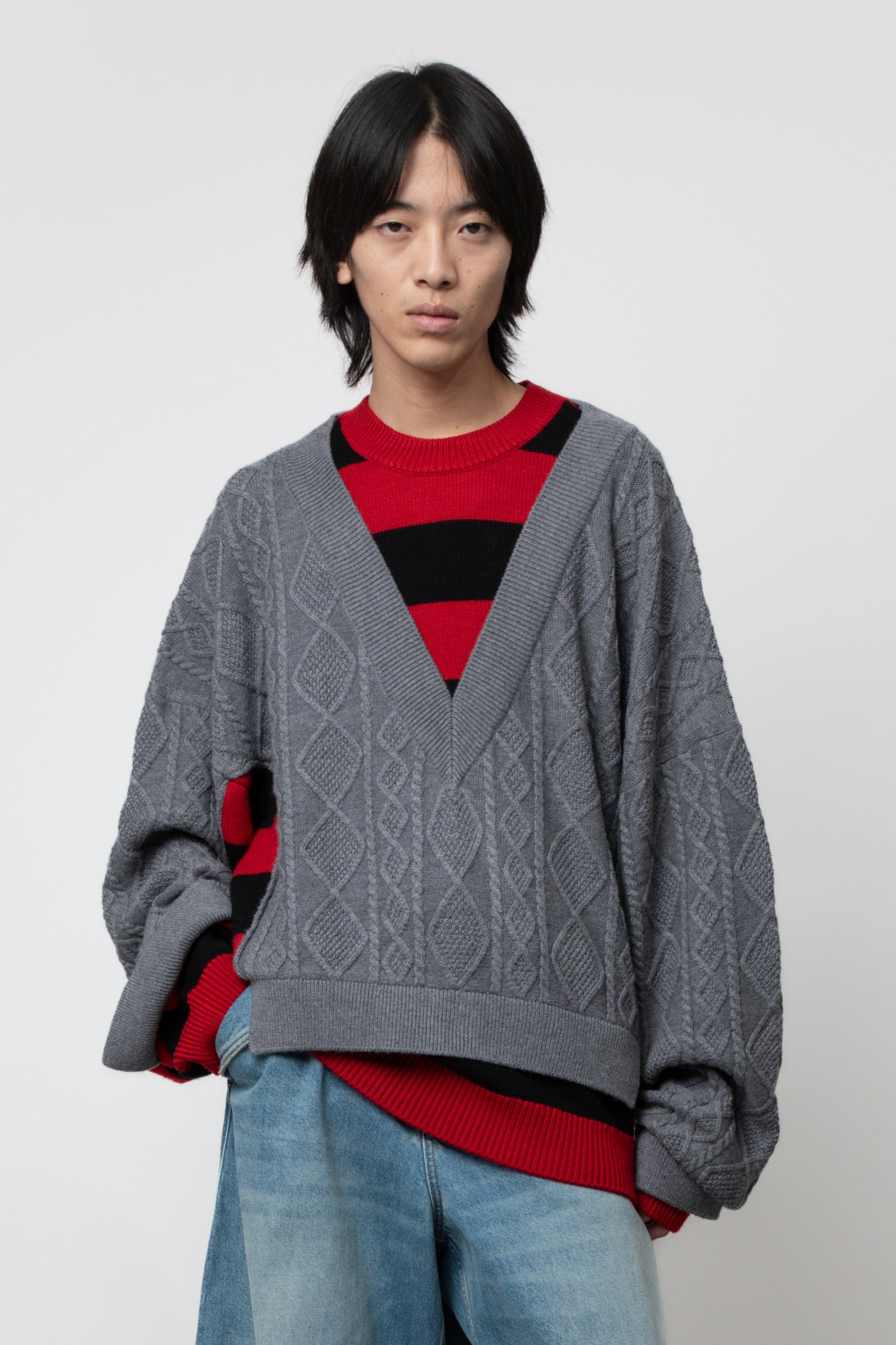 EGONLAB Layered Pullover Grau/Rot-Schwarz gestreift – Ansicht 2