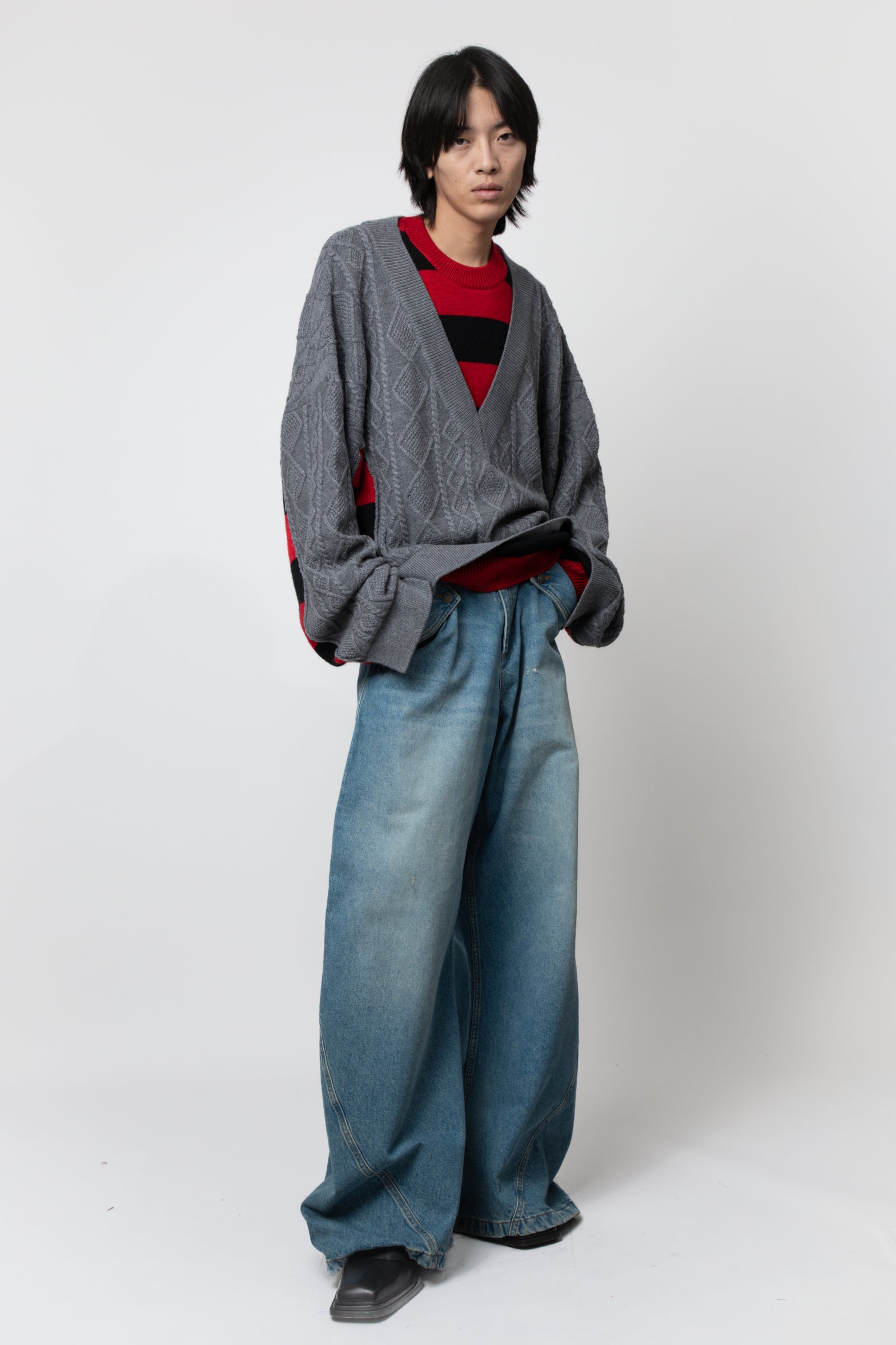 EGONLAB Layered Pullover Grau/Rot-Schwarz gestreift – Ansicht 3