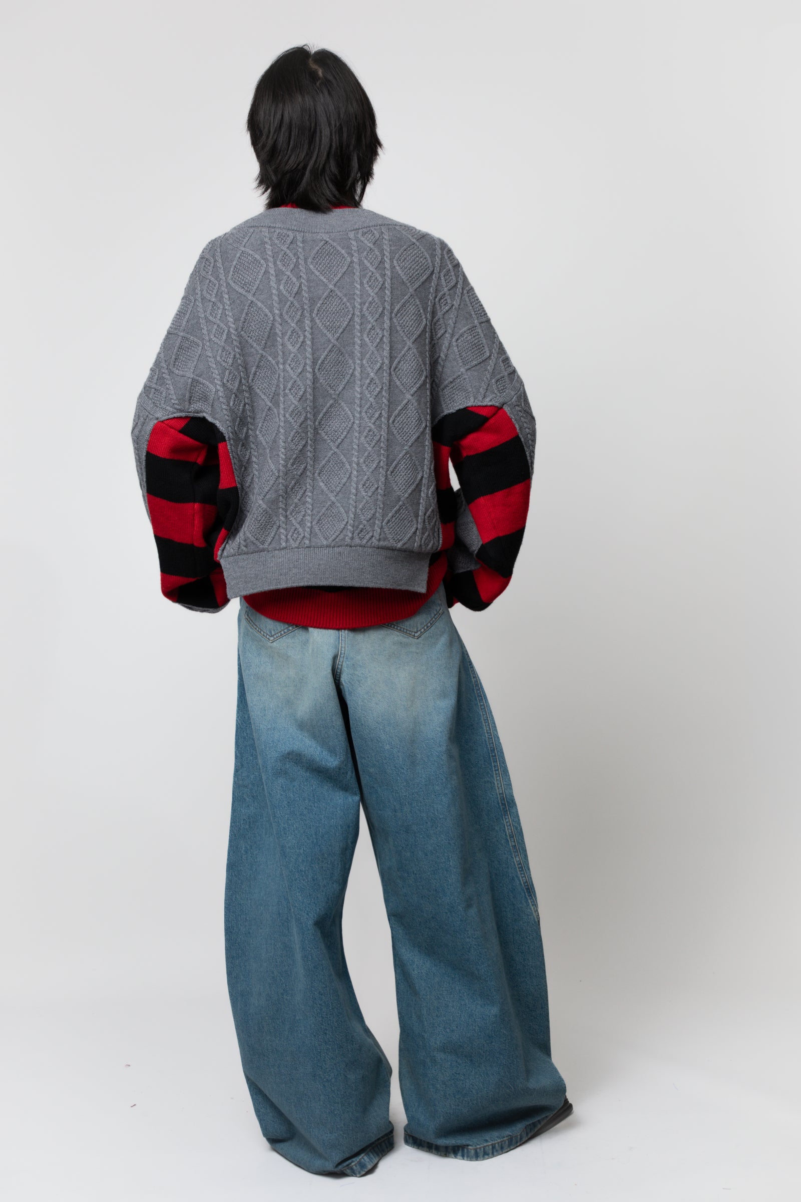 EGONLAB Layered Pullover Grau/Rot-Schwarz gestreift – Ansicht 5